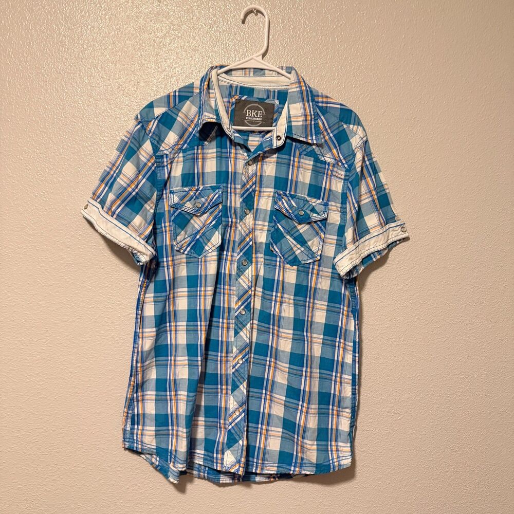 BKE Men Plaid Western Shirt Blue White Short Sleeve Pearl Snap Size Large